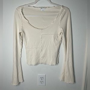 Monki cotton patch top with trumpet sleeves in beige